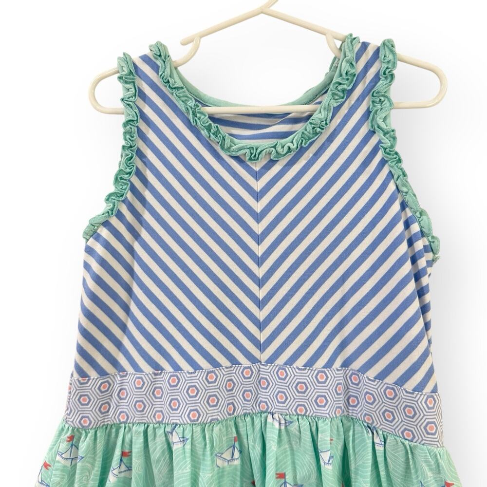 Serendipity Shrimp & Grits Girls 7-8 Dress Blue Green Stripe Sailboat Nautical - Picture 2 of 9